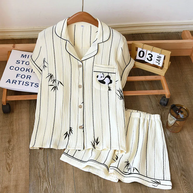 Summer Cotton Gauze Panda Crepe Pajamas Set for Women Double Layered Loose Fit Short-sleeved Top and Shorts Home Suit Loungewear
Summer Cotton Gauze Panda Crepe Pajamas Set for Women Double Layered Loose Fit Short-sleeved Top and Shorts Home Suit Loungewear
