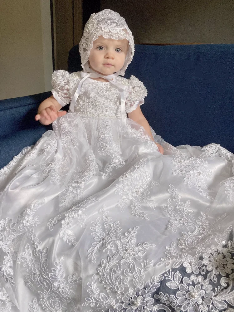 

White Baby Dress Flower Girl Dresses Pattern Applique Short Sleeve For Wedding Birthday First Communion Baptism Gowns