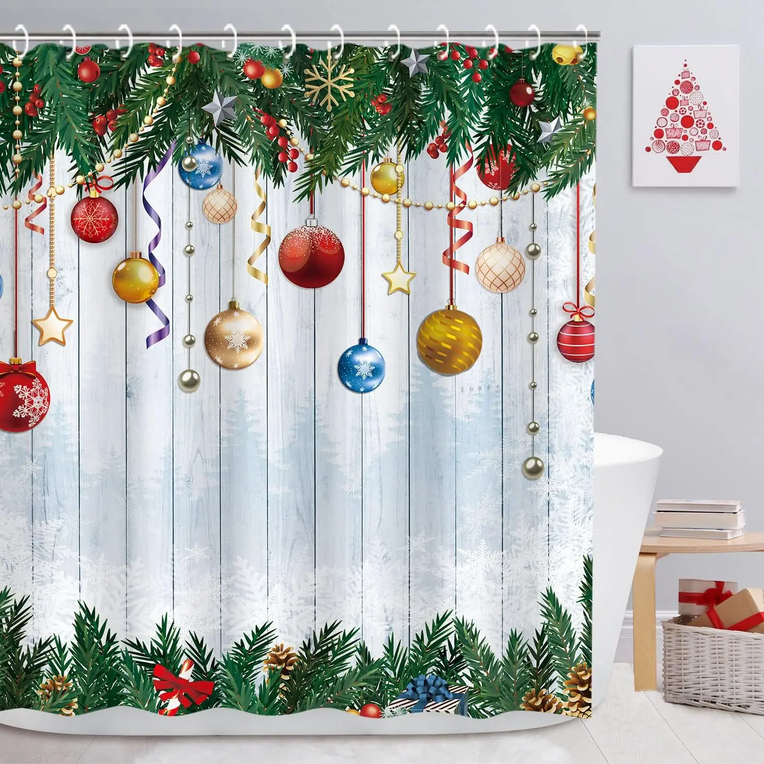 

Christmas Gifts Shower Curtain Christmas Baubles in Pine Branches Christmas Holiday Bathroom Decorations