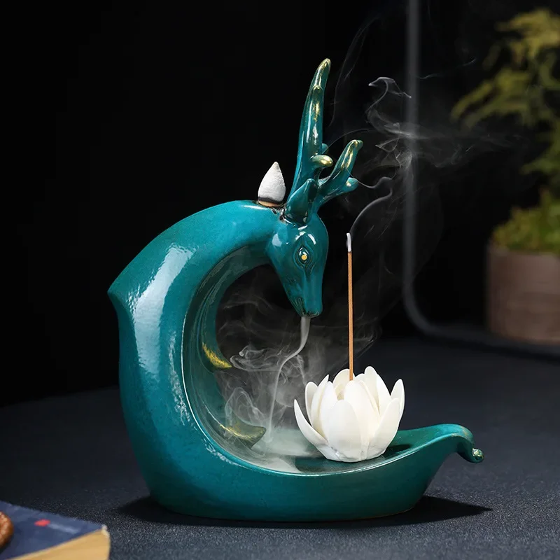 

Creative Ceramic Backflow Incense Line Burner with Deer Ornament - Unique Waterfall Incense Holder