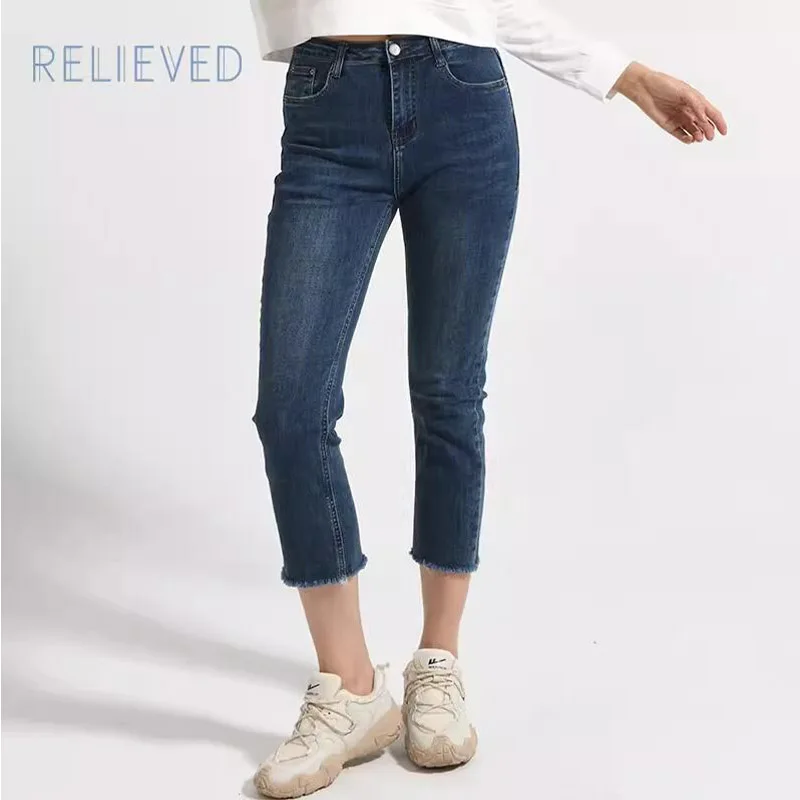 

Women Fashion Stretch Skinny Pencil Jeans Summer Lady Mid Waist Slim Fit Distressed Stretch Denim Pants Casual Washed Trousers