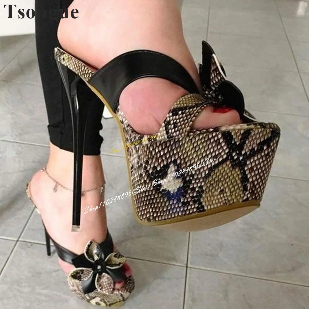 

Trendy Snake Skin Flower Decor Platform Slippers Thin High Heel Women Shoes Slip On Open Toe 2024 Fashion Zapatos Para Mujere