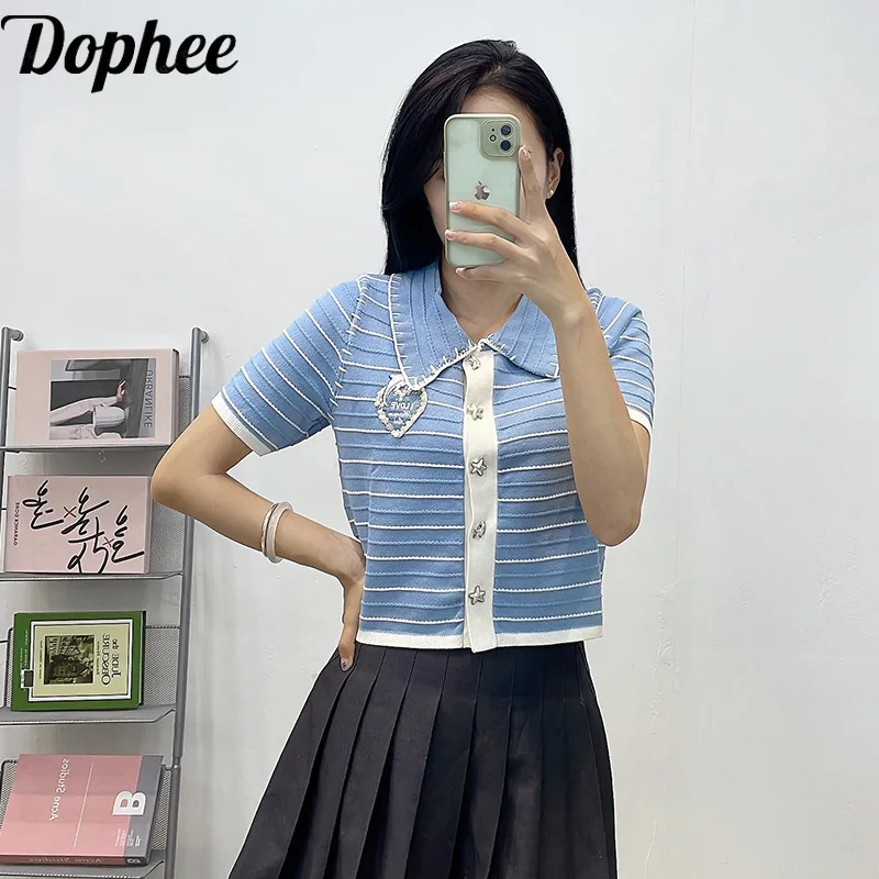 

Dophee 2024 New Summer All-match Embroidery Stripes Polo Shirts Women Short Sleeve Knitted Cardigans Crop Top Elegant Sweaters
