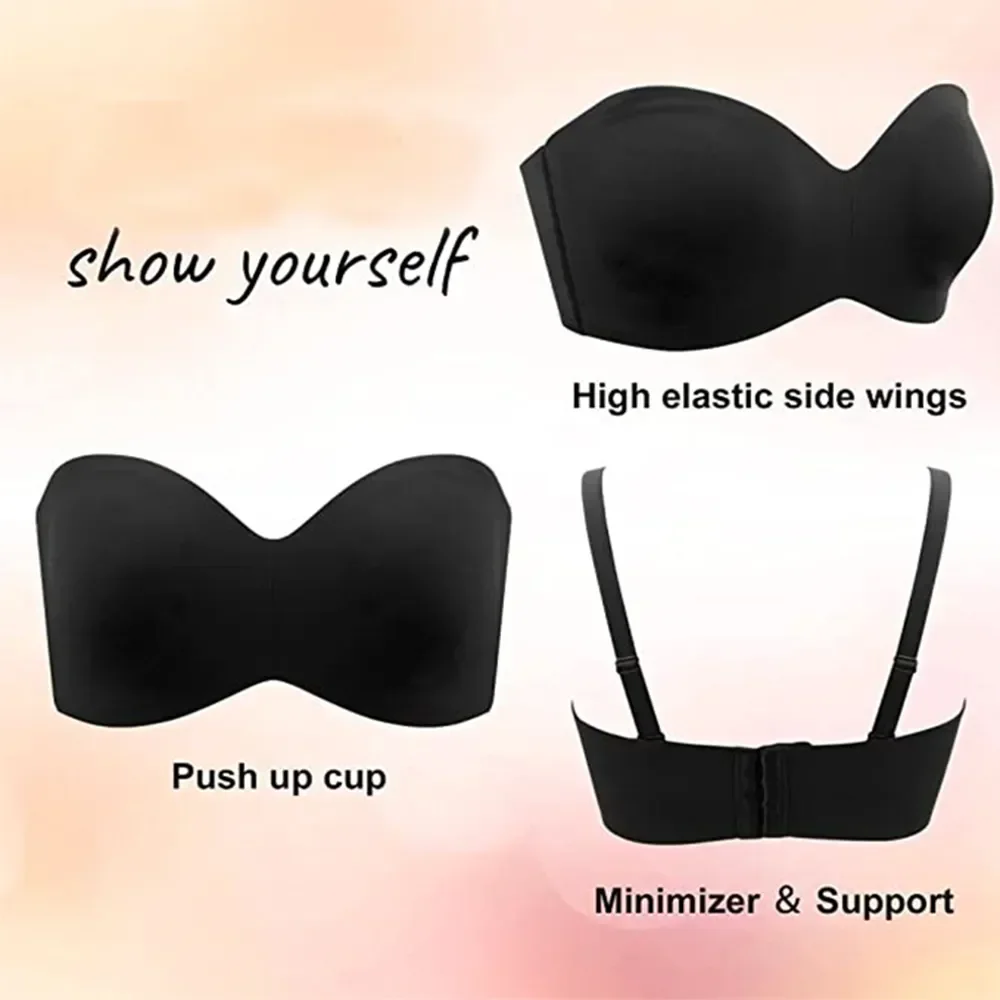 

Bandeau Push Size Underwire Support Bra Convertible Seamless Strapless Smoothing up Unpadded Full Non-slip Plus