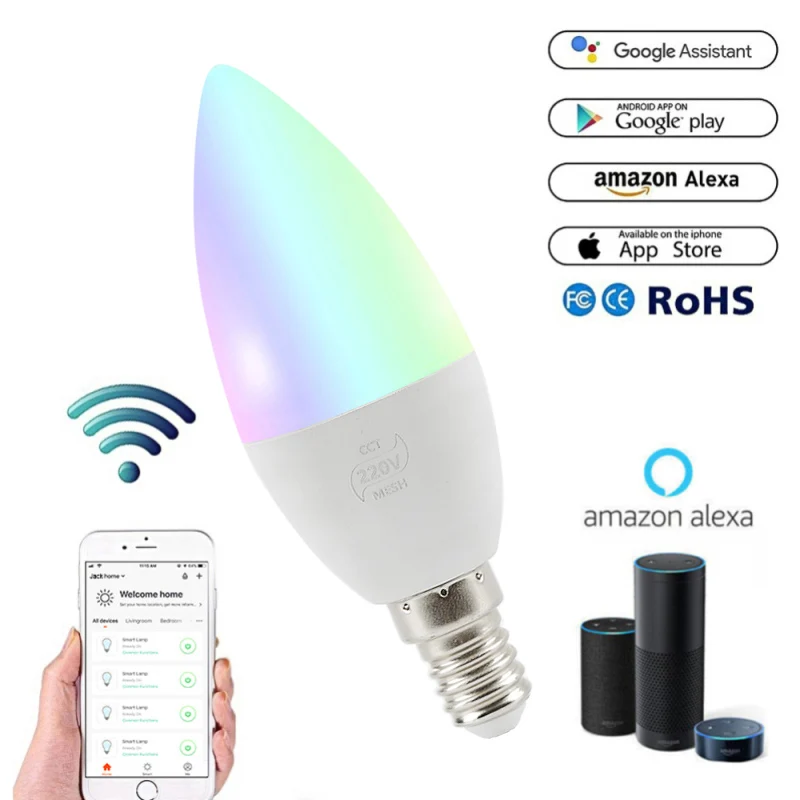 

Умная лампочка-свеча с Wi-Fi E14/E12, лампочка RGB с поддержкой Alexa/ Home/IFTTT, умный динамик с голосовым управлением, светодиодные лампочки 5 Вт, украшение
