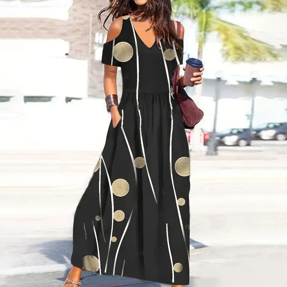 Women Summer Dress Flower Print Hollow Out Short Sleeves V Neck Pleated Off Shoulder Maxi Dress Loose Hem Women Long Dress
Women Summer Dress Flower Print Hollow Out Short Sleeves V Neck Pleated Off Shoulder Maxi Dress Loose Hem Women Long Dress