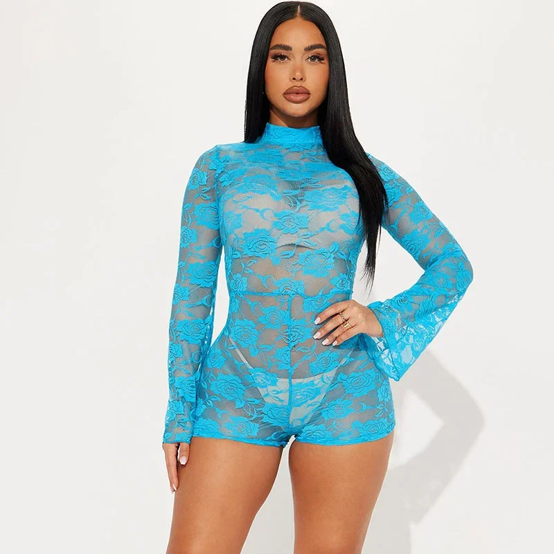 

KEXU Floral Lace Playsuit Women Rompers Midnight Flare Sleeve See-through Bodycon Jumpsuit Sheer Shorts Bodysuit Bodys Mujer