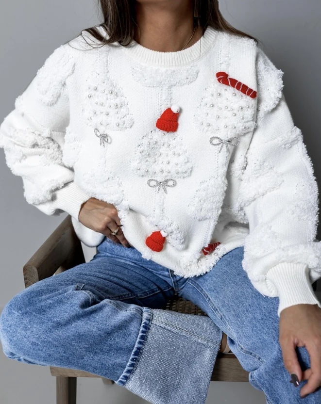 Women's Sweater 2023 New Fashion Casual Versatile Round Neck Christmas Hats Pattern Pearls Bowknot Decor Knit Pullover Sweater
Women's Sweater 2023 New Fashion Casual Versatile Round Neck Christmas Hats Pattern Pearls Bowknot Decor Knit Pullover Sweater