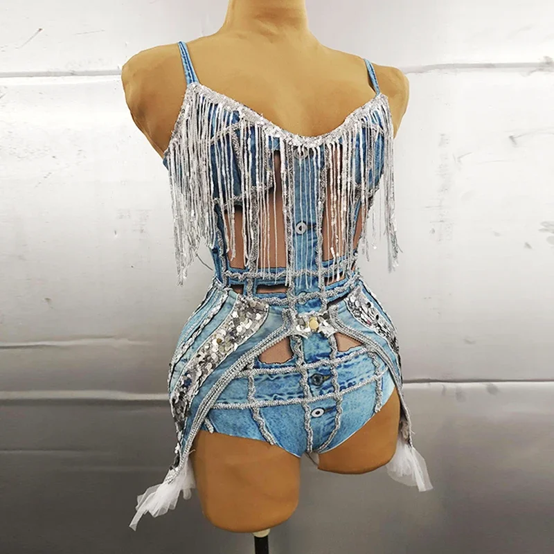 

Sexy Nightclub Gogo Dancer Outfit Sequins Tassel Bodysuit Adult Women Pole Dance Costume Rave Outfit Dj Ds Clothing