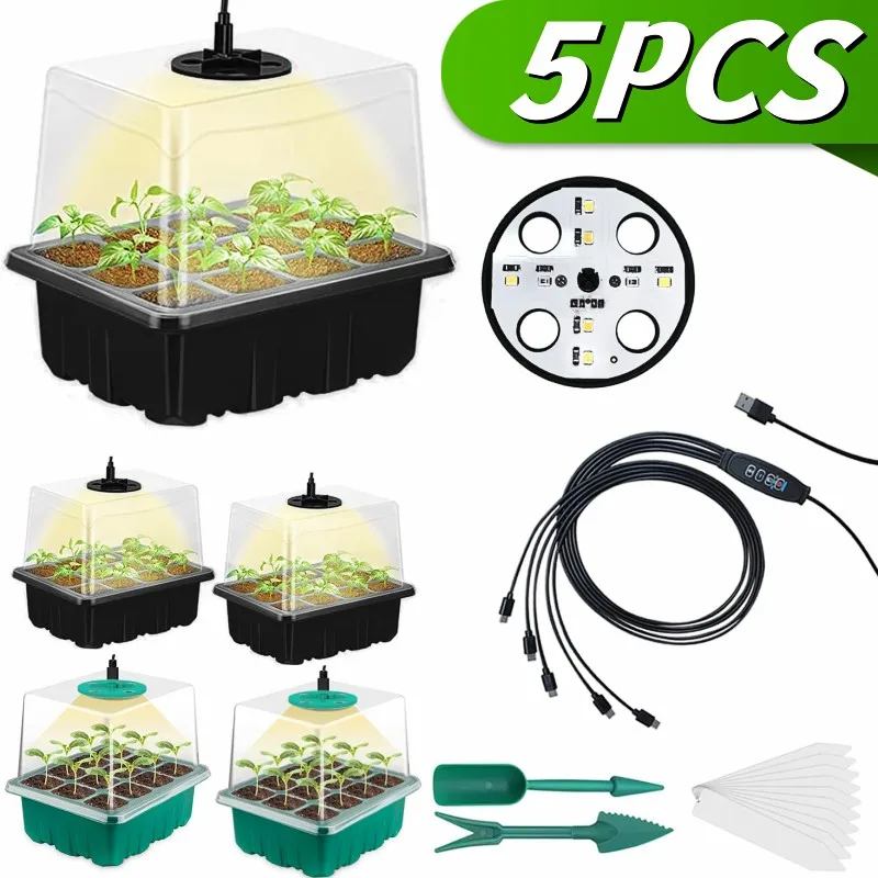 

Seedling Starter Tray 5 Packs Seed Starter Tray with Grow Light Full Spectrum LED Grow Light Greenhouse Growing Germination Tray