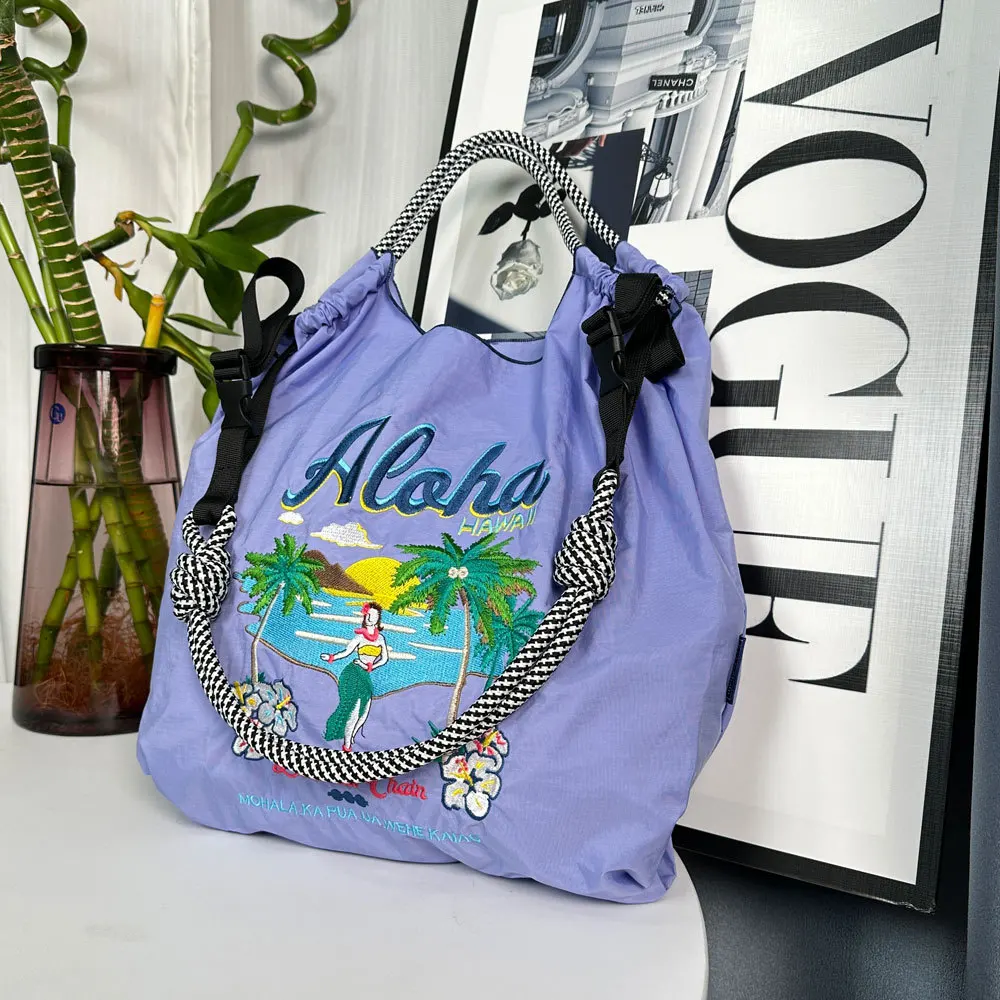 

Hawaiian Embroidery Tote Bags for Women Large Capacity Shoulder Bag Designer Eco Bag Rope Handle Handbag Nylon Shopper Purses
