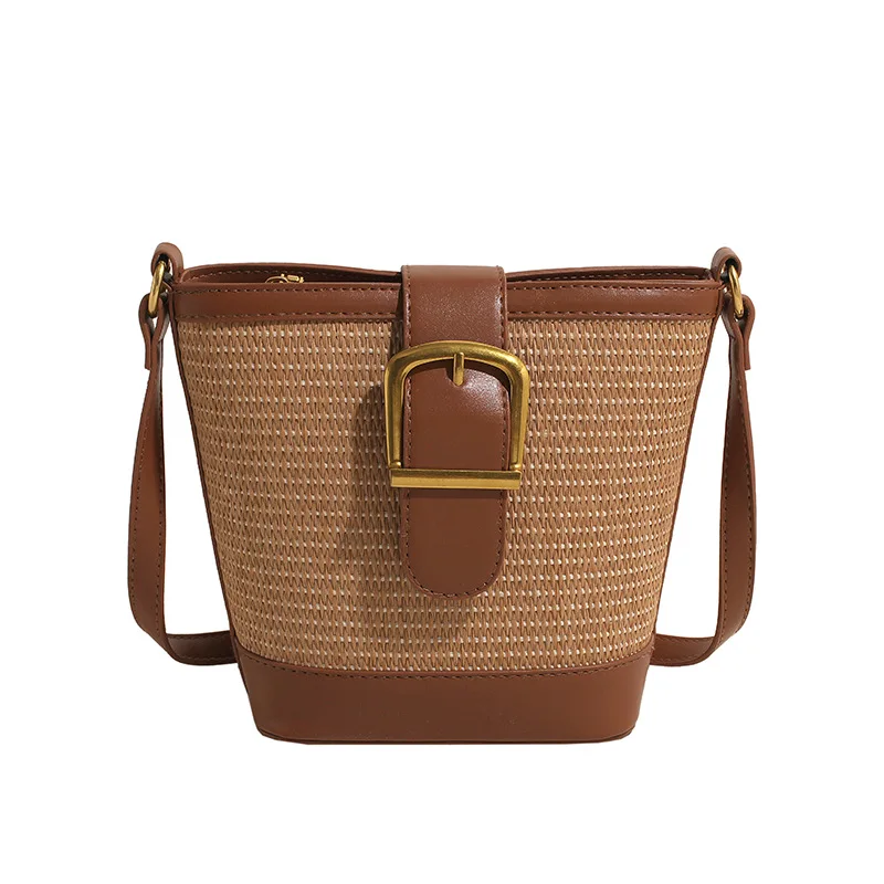 

2024 Summer Straw Shoulder Bag Women Rattan Small Bucket Bag Handmade Woven Beach Bag Fashion Vacation Handbag Crossbody Pack