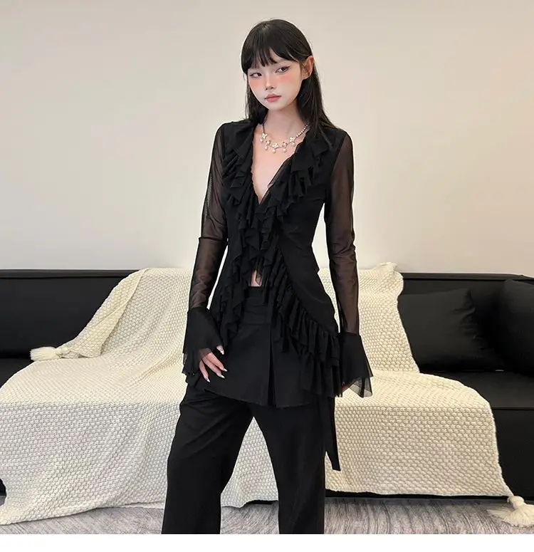 Korean Blouse Women's Clothing V-neck Long Sleeve Tunic Shirts Camisas De Mujer Heavy Ruffles Spring Summer Gauze Blouses Tops Korean Blouse Women's Clothing V-neck Long Sleeve Tunic Shirts Camisas De Mujer Heavy Ruffles Spring Summer Gauze Blouses Tops