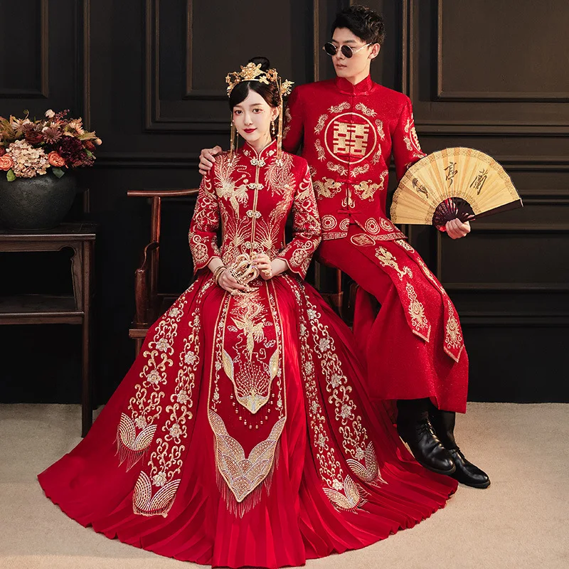 

2023 New Xiuhe Chinese Wedding Cheongsams Sets Dragon and Phoenix Bride Toast Dress Tang Suit Hanfu Formal Traditional Qipao