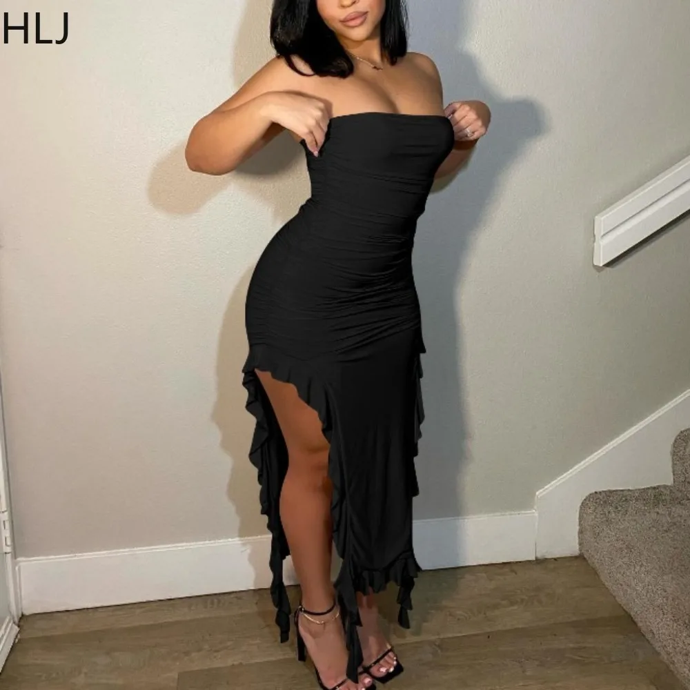 

HLJ Fashion Ruffle Design Tassels Bodycon Party Club Tube Dresses Women Sleeveless Backless High Slit Slim Vestidos Streetwear