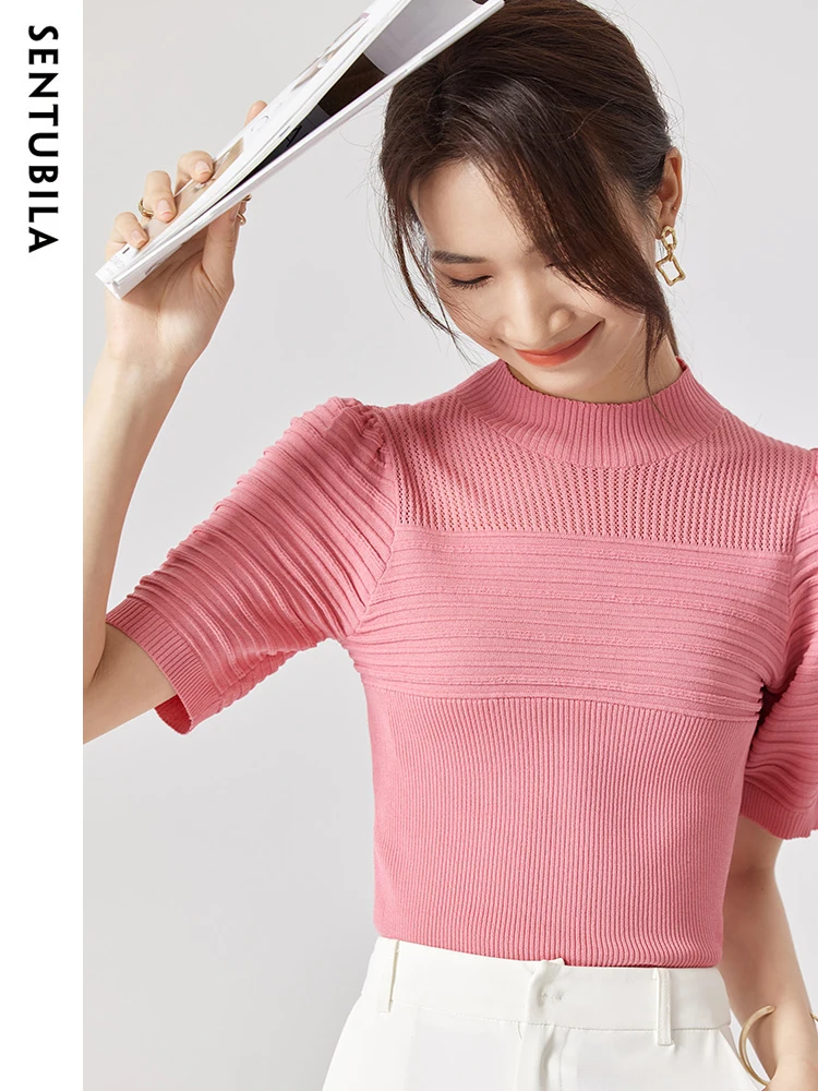 SENTUBILA Summer Knitwears Pink Sweater Tops for Women Short Puff Sleeves Hollow Out Fashion Mock Neck T-Shirts Women Clothing
SENTUBILA Summer Knitwears Pink Sweater Tops for Women Short Puff Sleeves Hollow Out Fashion Mock Neck T-Shirts Women Clothing