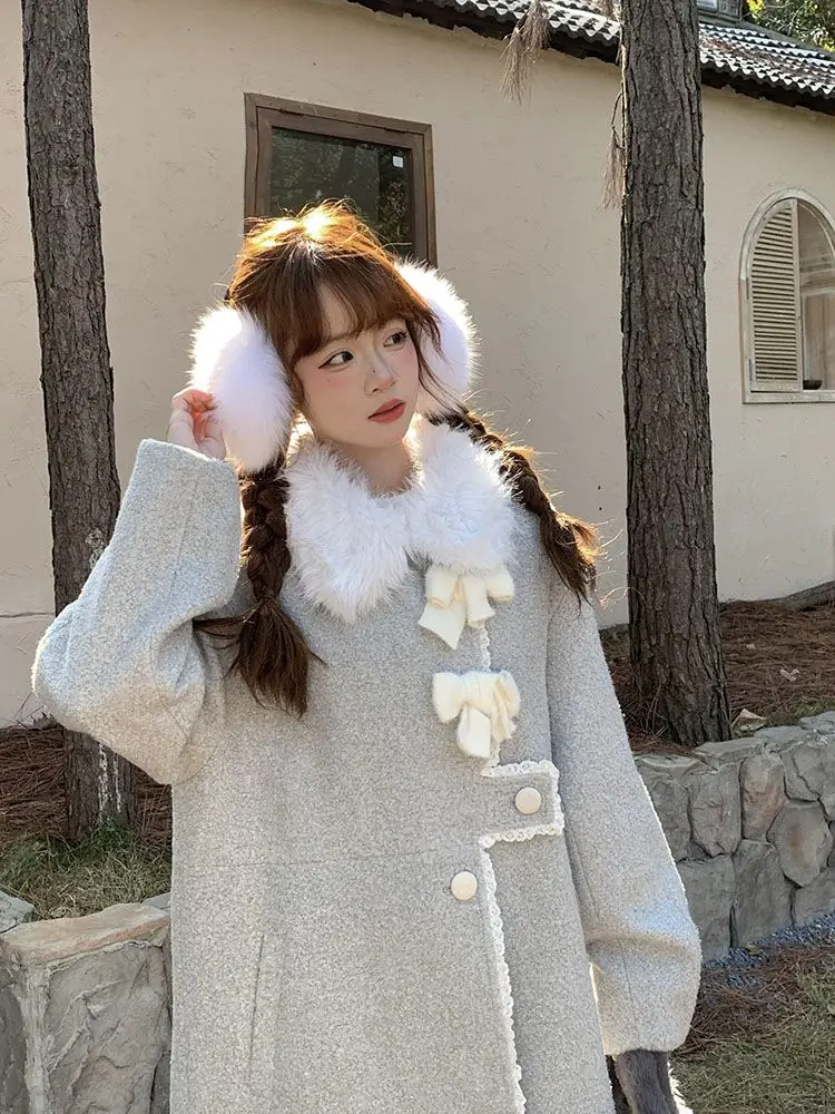 

Korean Autumn Winter Quilted Long Sleeve Sweet Girl Straight Coat Female Gray Fur Collar Overcoat Mid-Length Woolen Coat