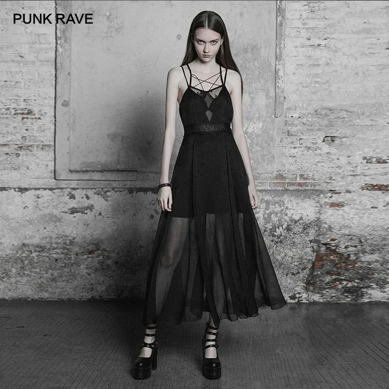

PUNK RAVE Women's Gothic Strapless Lace Chiffon Deep V Hollow Out Backless Black Long Layered Strap Partly Transparent Dress