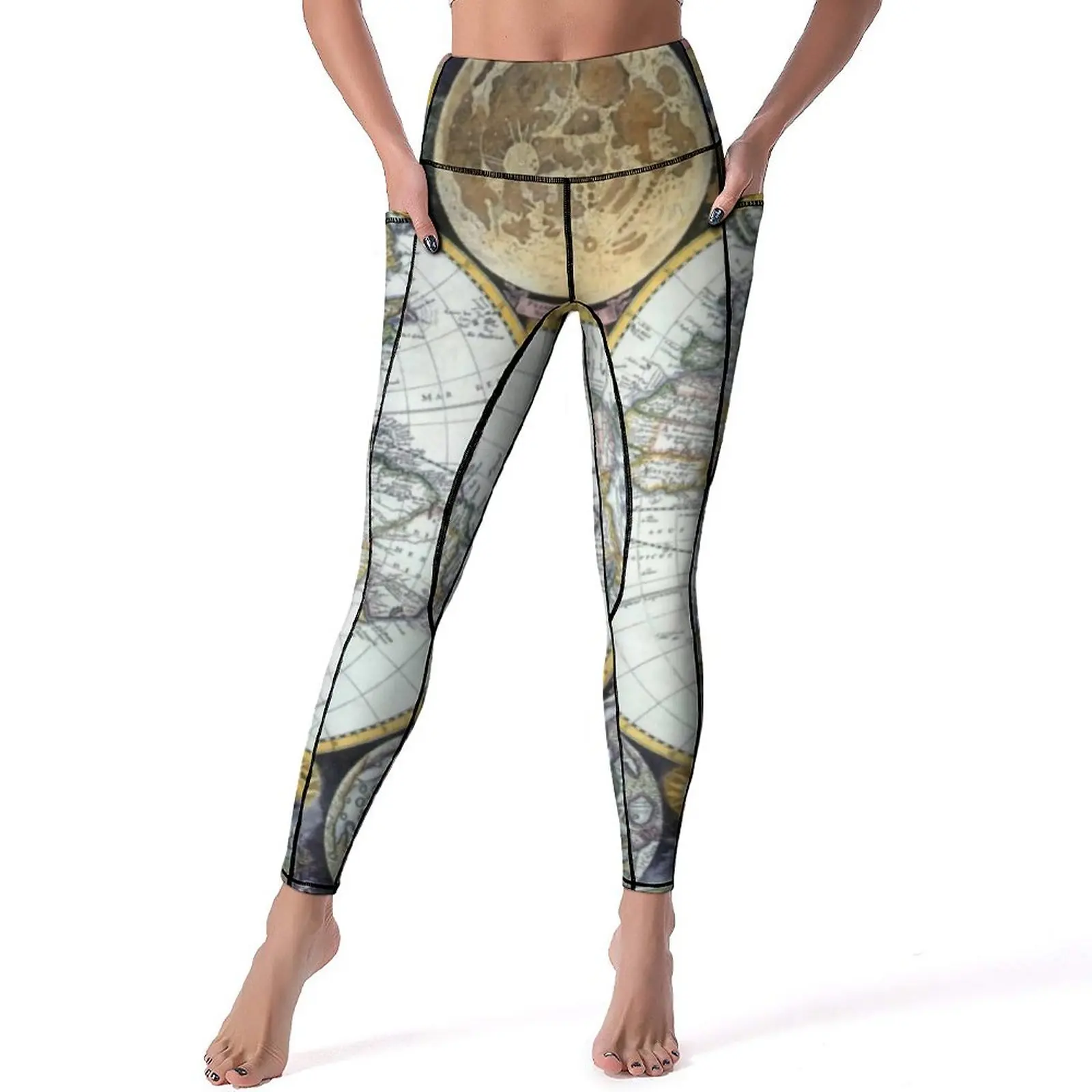 

Earth Map Yoga Pants Pockets Antique World Map Leggings Sexy Push Up Vintage Yoga Sports Tights Quick-Dry Printed Gym Leggins