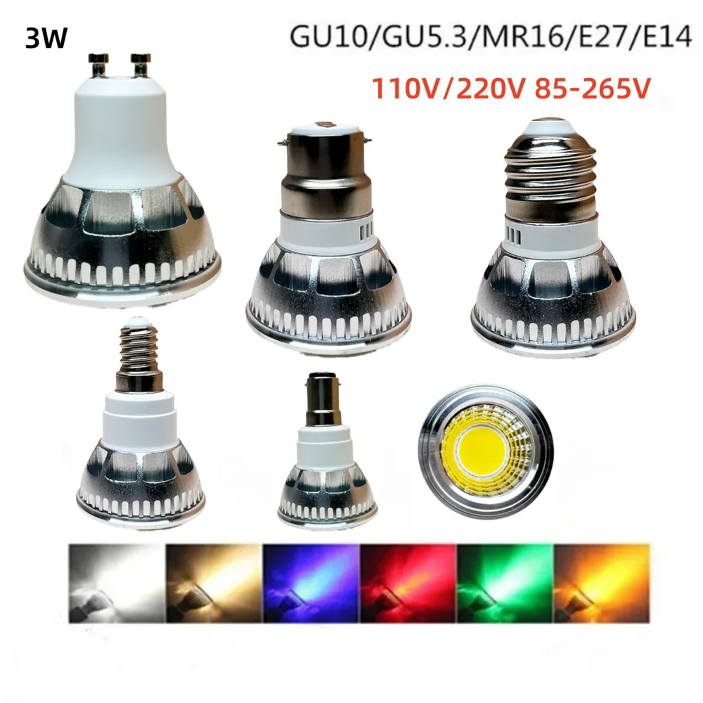 

Dimmable Led Spot Bulb 3W GU10 E27 E14 B22 B15 E12 GU5.3 Spotlight Bulb Lamps Warm White Cool White Colorful 85-265V 110V 220V