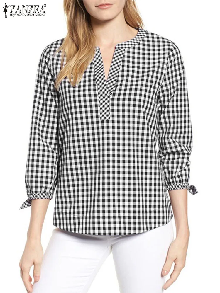 

2024 ZANZEA Fashion Women V Neck 3/4 Sleeve Plaid Checked Blouse Stylish Work Party Shirt Summer Casual Holiday Blusas Chemise