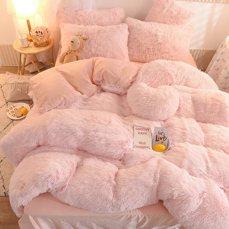 

Luxury Pure Color Plush Shaggy Warm Fleece Girl Bedding Set Mink Velvet Single Double Duvet Cover Set Pillowcase Home Textiles