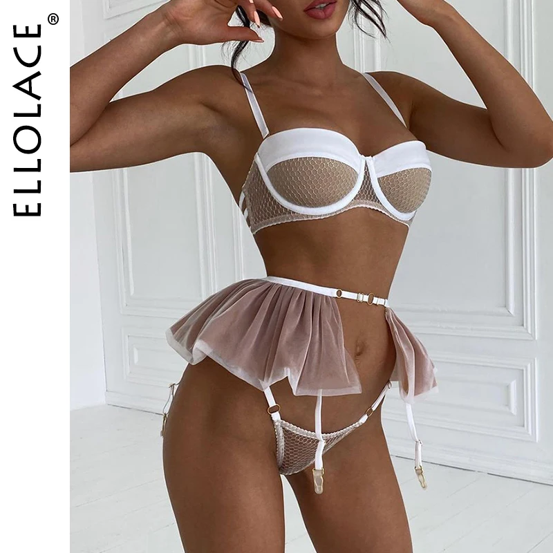 

Ellolace Sexy Lingerie Mesh Patchwork Fancy Underwear Ruffle Garters Delicate Luxury Brief Set See Through Sensual Erotic Sets