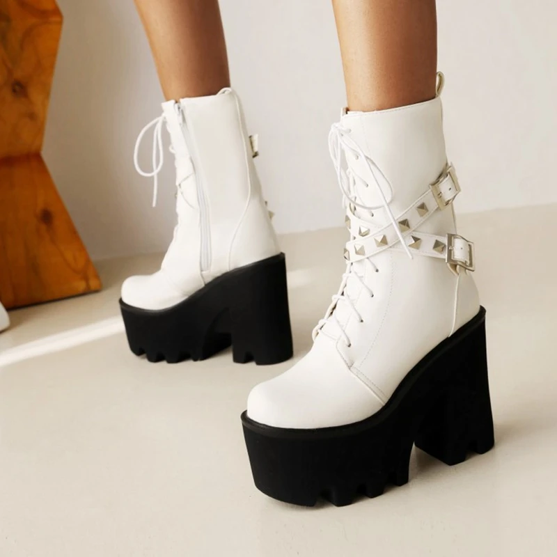 

BLXQPYT Zapatos De Mujer 2022 Leather White Boots Round Toe Zipper Womens Thick Platform Booties Heels Wedges Punk Shoes 6623