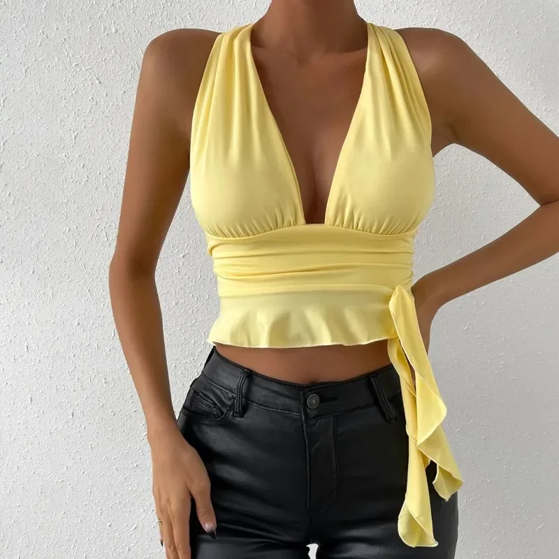 

2024 Sexy Suspender Backless Tight Fitting Short Top for Women's Sleeveless Off Shoulder Pleated Party Nightclub Short Top YSQ22