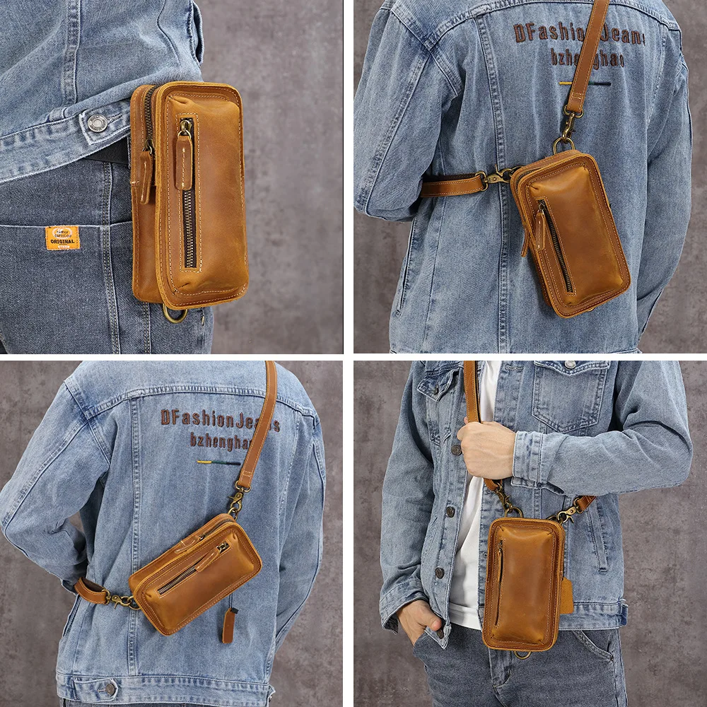

Crazy Horse Leather Retro Crossbody Fanny Pack Men Wear Belt Mini Bag Pure Cowhide Mobile Phone Bag Leather Chic Bag