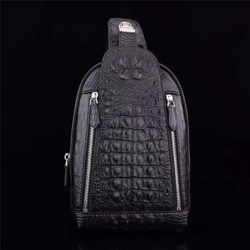 

Authentic Real True Crocodile Leather Men's Black Chest Bag Exotic Genuine Alligator Skin Male Small Crossbody Bag Messenger Bag