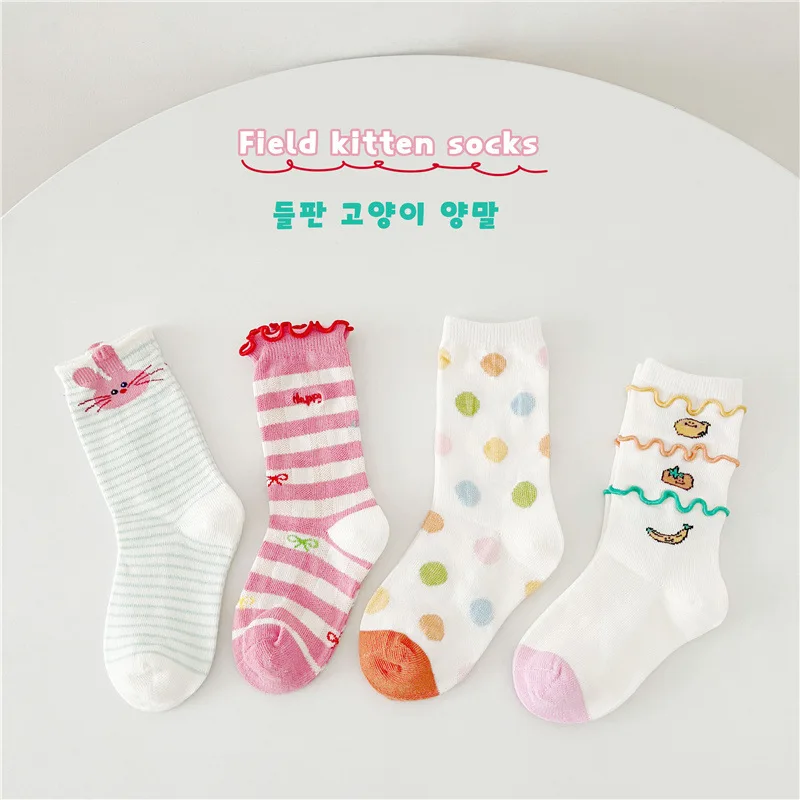 

Baby Girls Socks Spring Trendy Bunny Pattern Fancy Lace Socks 4 Pairs/lot Cotton Sock Summer Crew Socks