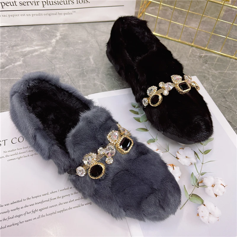 

Fashion Crystal Women Winter Warm Loafers Real Mink Fur Plush Flats Casual Espadrilles Ladies Driving Shoes Platform Moccasins