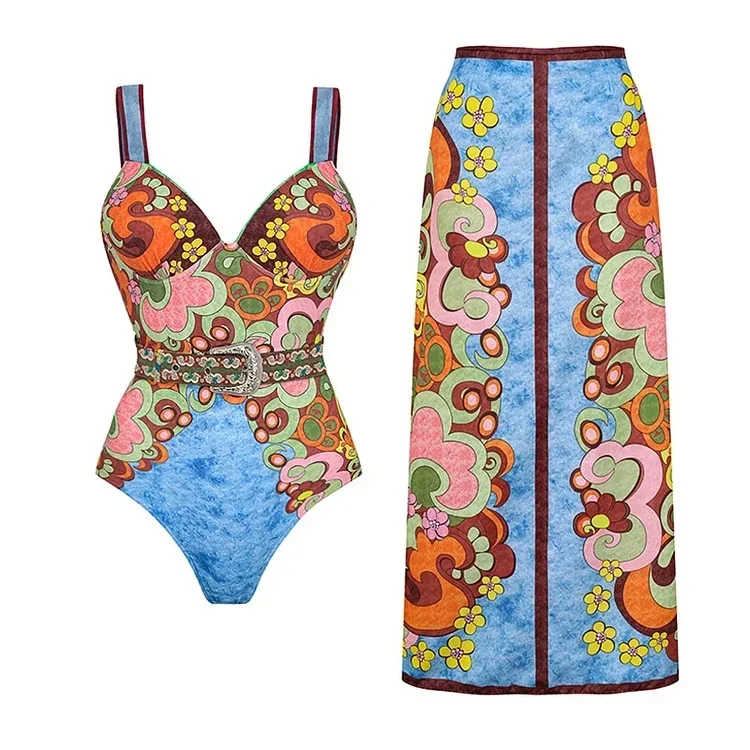 

SwimLady 2024 Blue Printed Belt One Piece Swimsuit and Skirt Set Swimwear Bathing Suit Bikini Monokini Bodysuit Dress