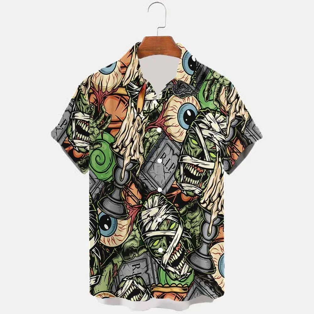 

Hawaii Men's Shirt Horror Skull Retro Social 3D Print Casual Fashion Short Streetwear Man Clothing Camisa Slim Fit Floral Blouse