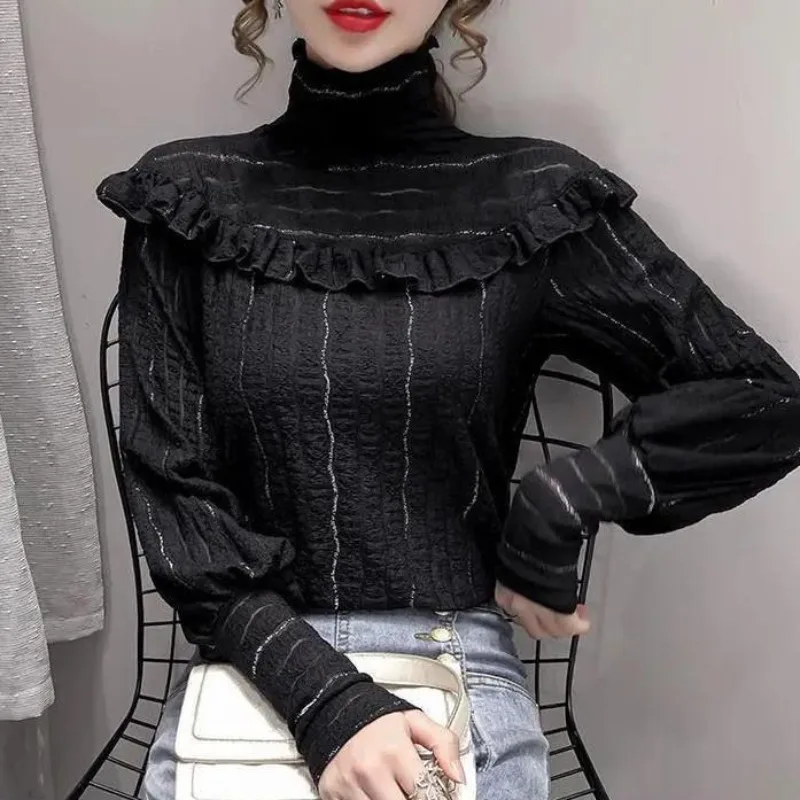 

Women's 2023 Autumn Winter New Fashion Long Sleeved High Necked Lace Undershirt Slim Pullover Ruffles Solid Color Striped Tops