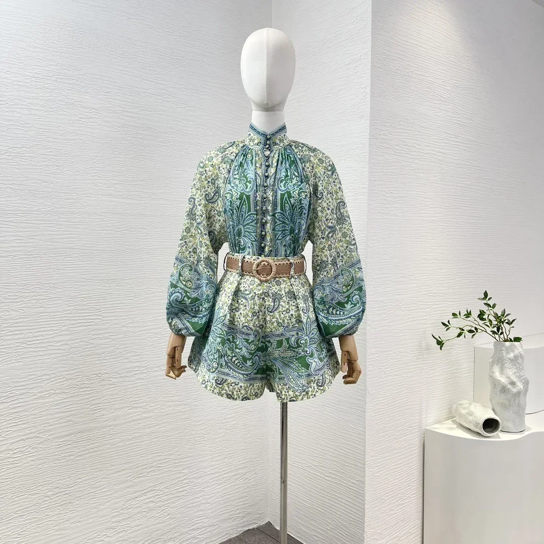 

High Quality Green Blue Paisley Print 2024 New Long Lantern Sleeve Blouse Tops and Belt Shorts Women Sets