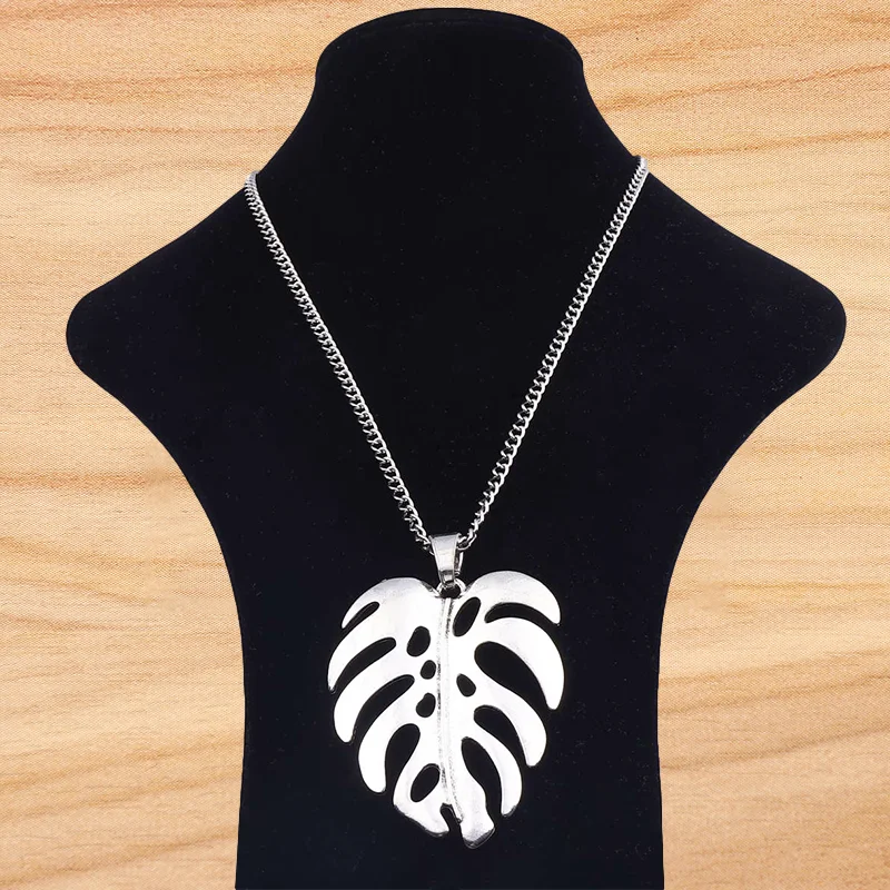 

Tibetan Silver Large Monstera Leaf Tropical Palm Leaves Pendant Necklaces Adjustable Length Long Jewelry Choker Link Chain 34"