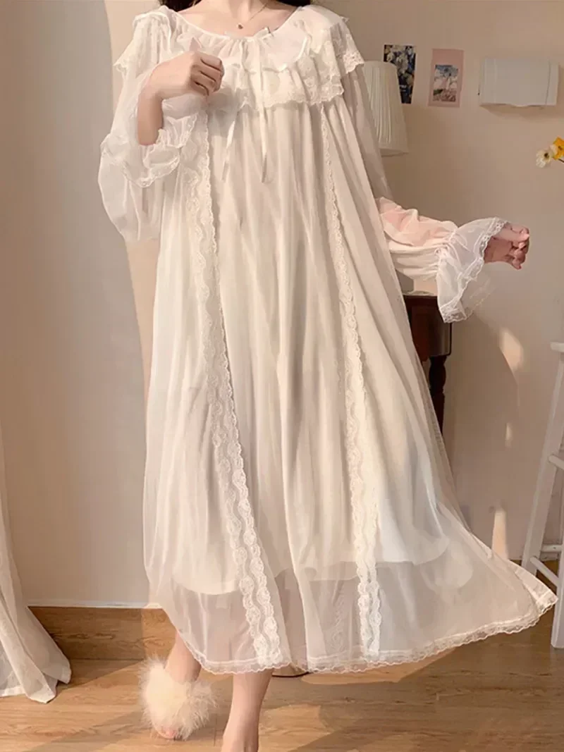 

Nightdress Victorian Mesh Night White Lace Ruffles Dress Sleepwear Princess Lolita Women Fairy Vintage Nightgowns Loungewear