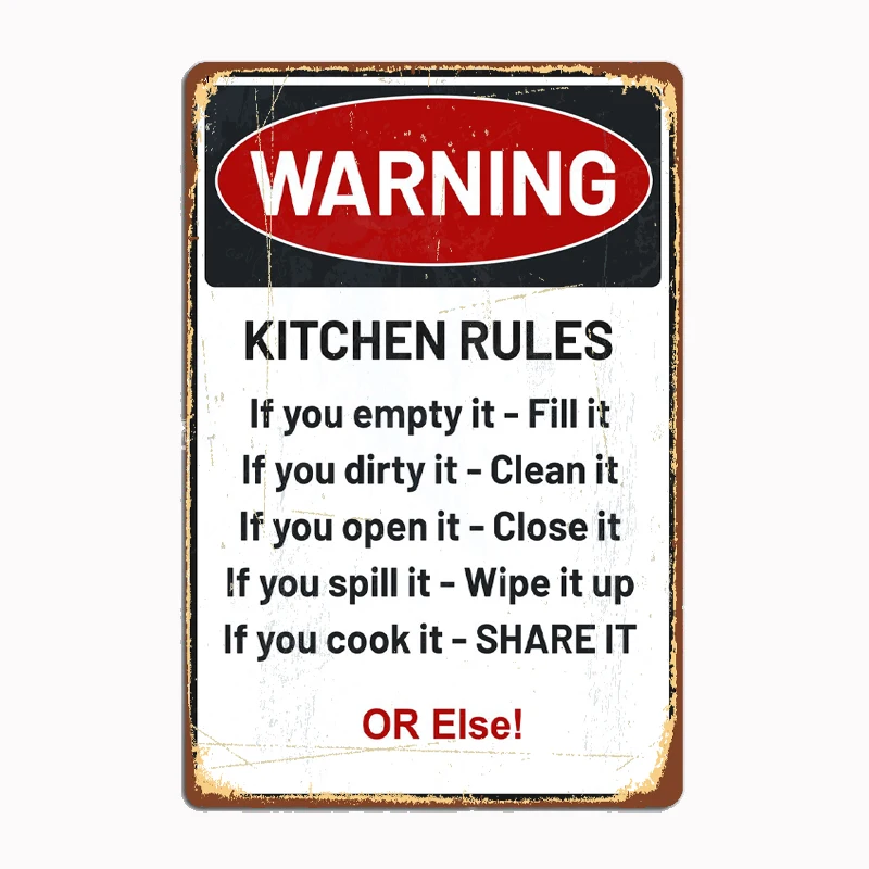 

Kitchen Rules Warning Sign Metal Sign Mural Painting Cinema Living Room Cinema Funny Tin Poster Retro Man Cave Home Tavern