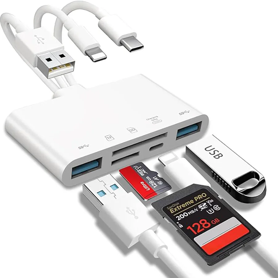5-in-1 Memory Card Reader,USB OTG Adapter & SD Card Reader for i-Phone/i-Pad,USB C and USB A Devices with Micro SD & SD Card 
5-in-1 Memory Card Reader,USB OTG Adapter & SD Card Reader for i-Phone/i-Pad,USB C and USB A Devices with Micro SD & SD Card