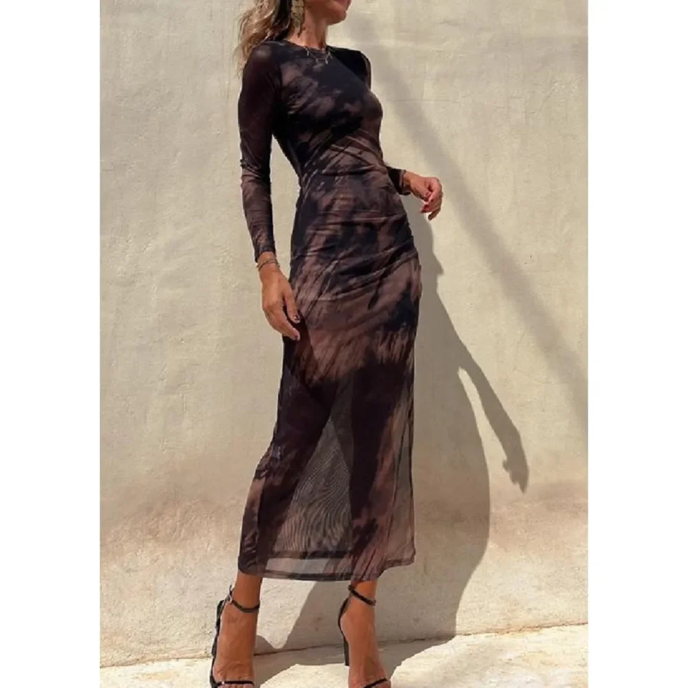 

Tie Dye Printed Mesh See-through Maxi Dresses For Women Sexy Slim Slit Evening Party Dress Fashion Club Vestidos 2024 Spring New