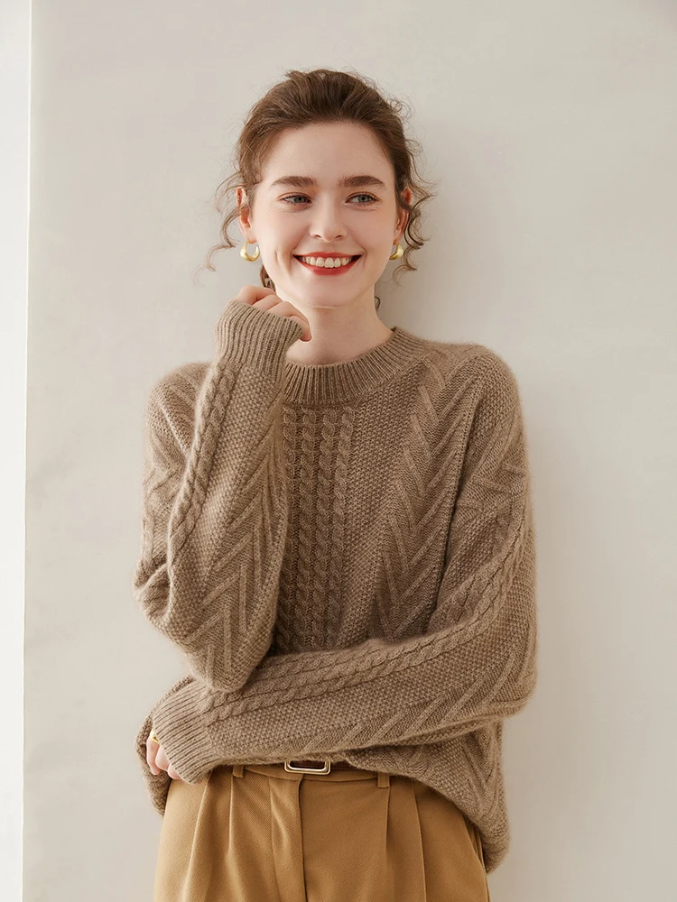 

Addonee Women's Cashmere Sweater O-neck Twist Flower Casual Pullover Winter 100% Cashmere Knitwear Thick Soft Warm Clothing Tops