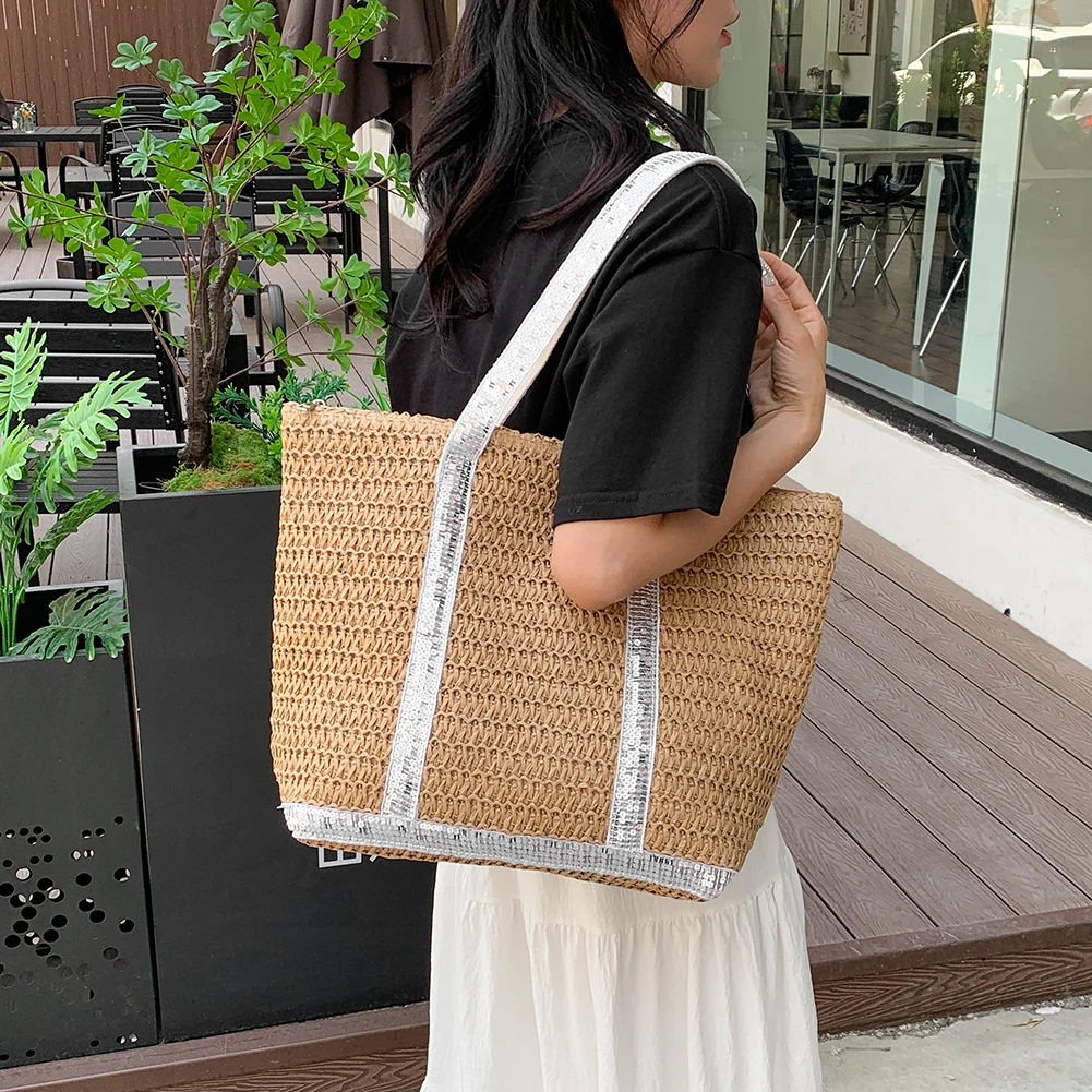 Sequin Crochet Beach Tote - Sparkly Straw Shopping Bag 13 S33135e451b0d48efa8f2676a7e1cfb6bF