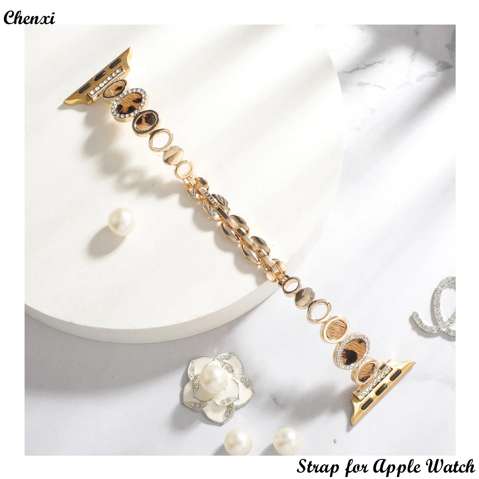 

Metal strap for Apple watch band leopard bracelet chain for iwatch87654321SE Ultra38 40 4142 44 45MM women bling diamond wrist