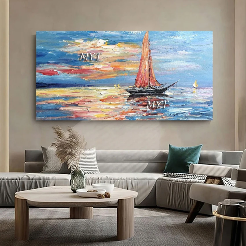 

Beautiful Scenery 3D Picture Acrylic Texture Abstract Sunset Landscape Canvas Art Wall Unframed Seascape With Boat Hand Painted