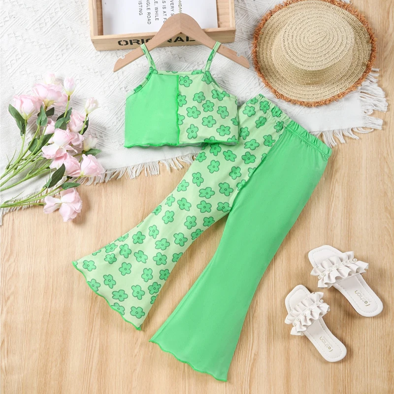 

Little Girl Pants Set Floral Print Sleeveless Cami Tops with Flare Trousers 2 Pcs Summer Outfit