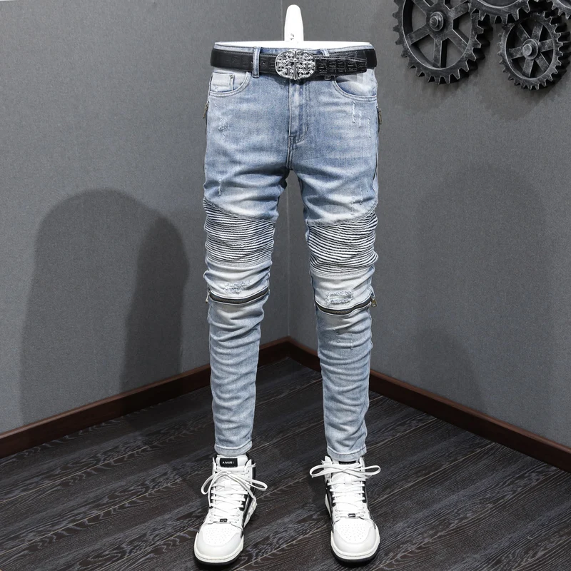 

High Street Fashion Men Jeans Retro Light Blue Slim Fit Elastic Zippers Spliced Designer Biker Jeans Patched Hip Hop Pants Men