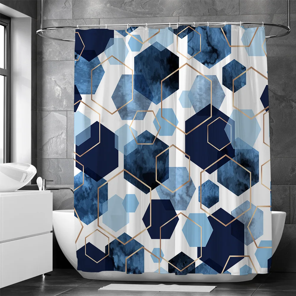 

Blue Geometric Hexagonal Shower Curtains Gold Lines Abstract Marble Modern Minimalist Fabric Curtain Bathroom Decor Set Hooks
