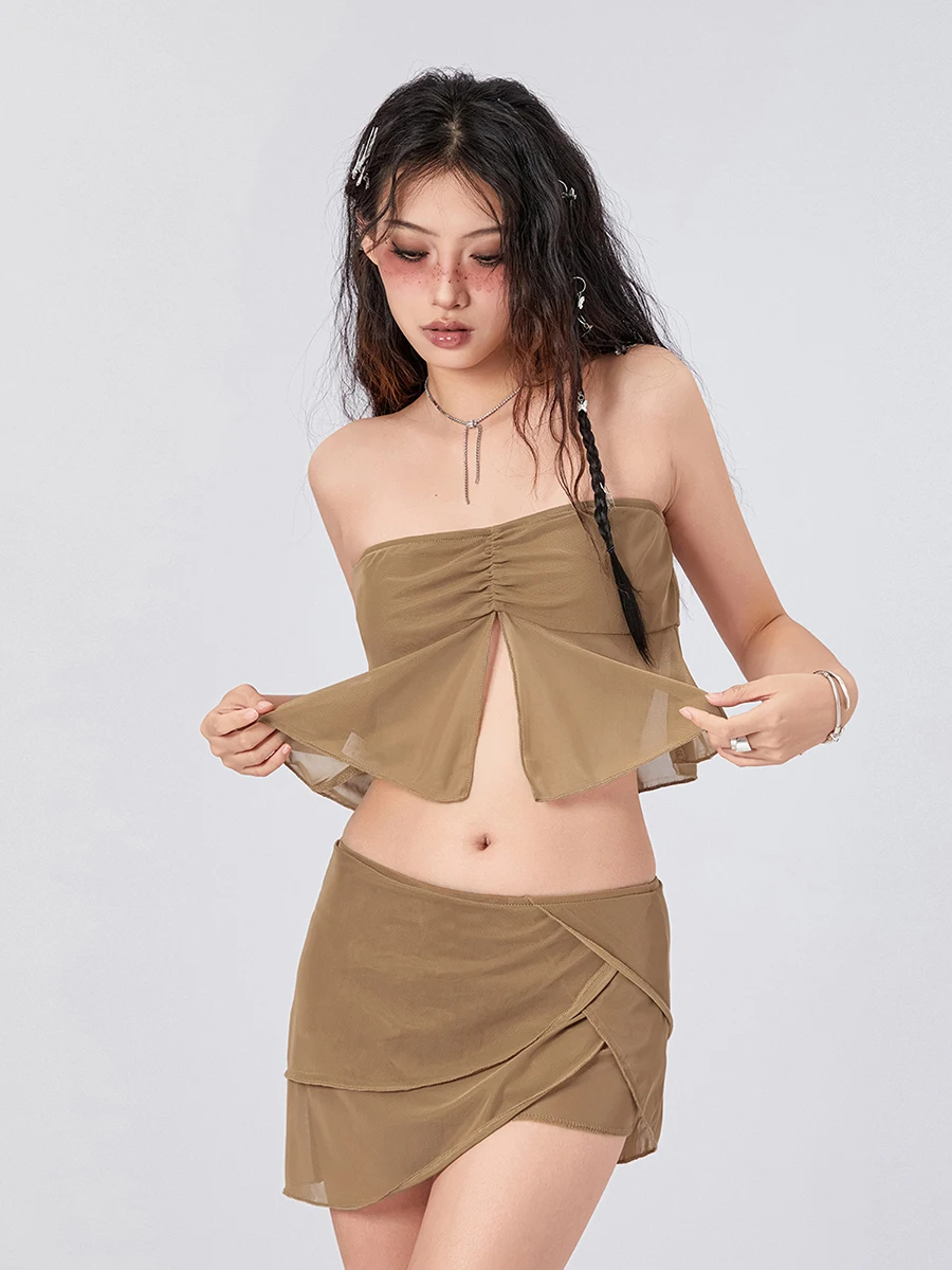 

Yoawdats Womens Aesthetic Clothes 2 Piece Summer Outfits Ruched Mesh Bandeau Tops and Elastic Irregular Mini Skirt Streetwear